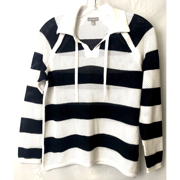 T By Talbots Open Knit Lg Sleeve Top Womens Sz MP Blk/White Cotton Blend Collar - Picture 1 of 8
